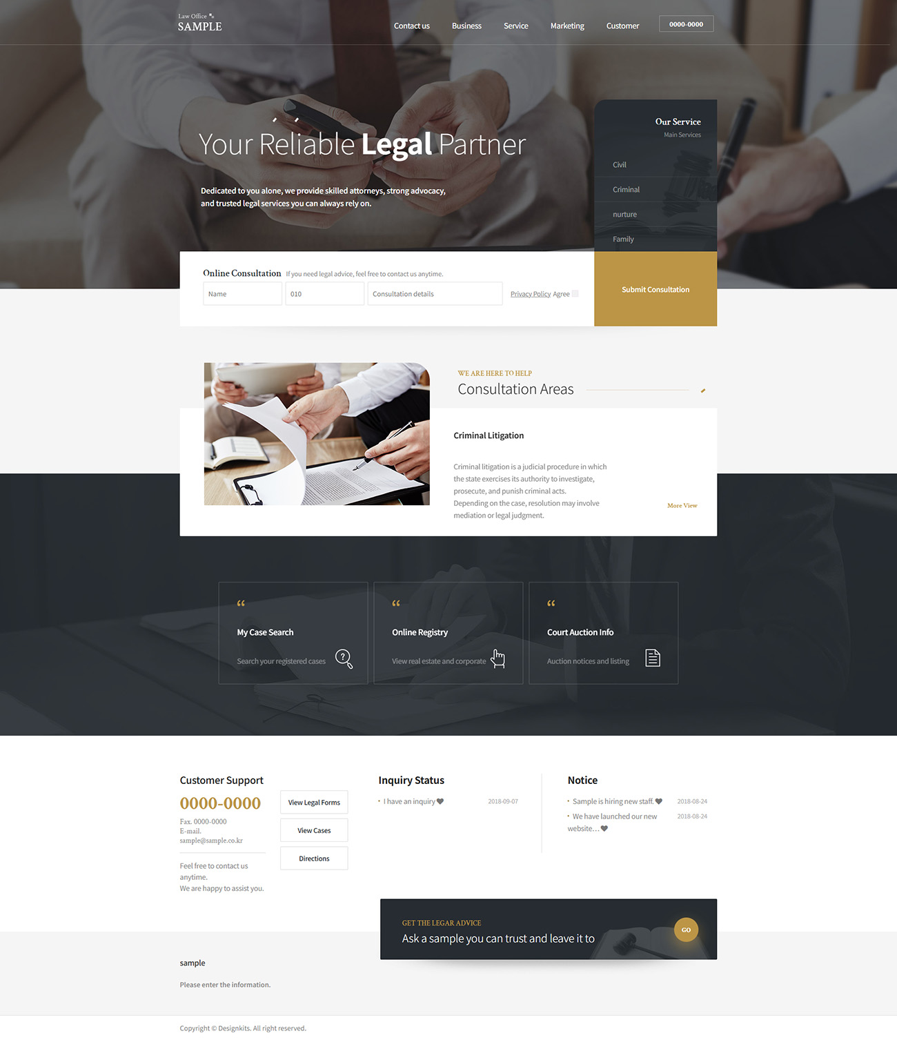 Law Firm Consultation UI Template with Legal Service Layout